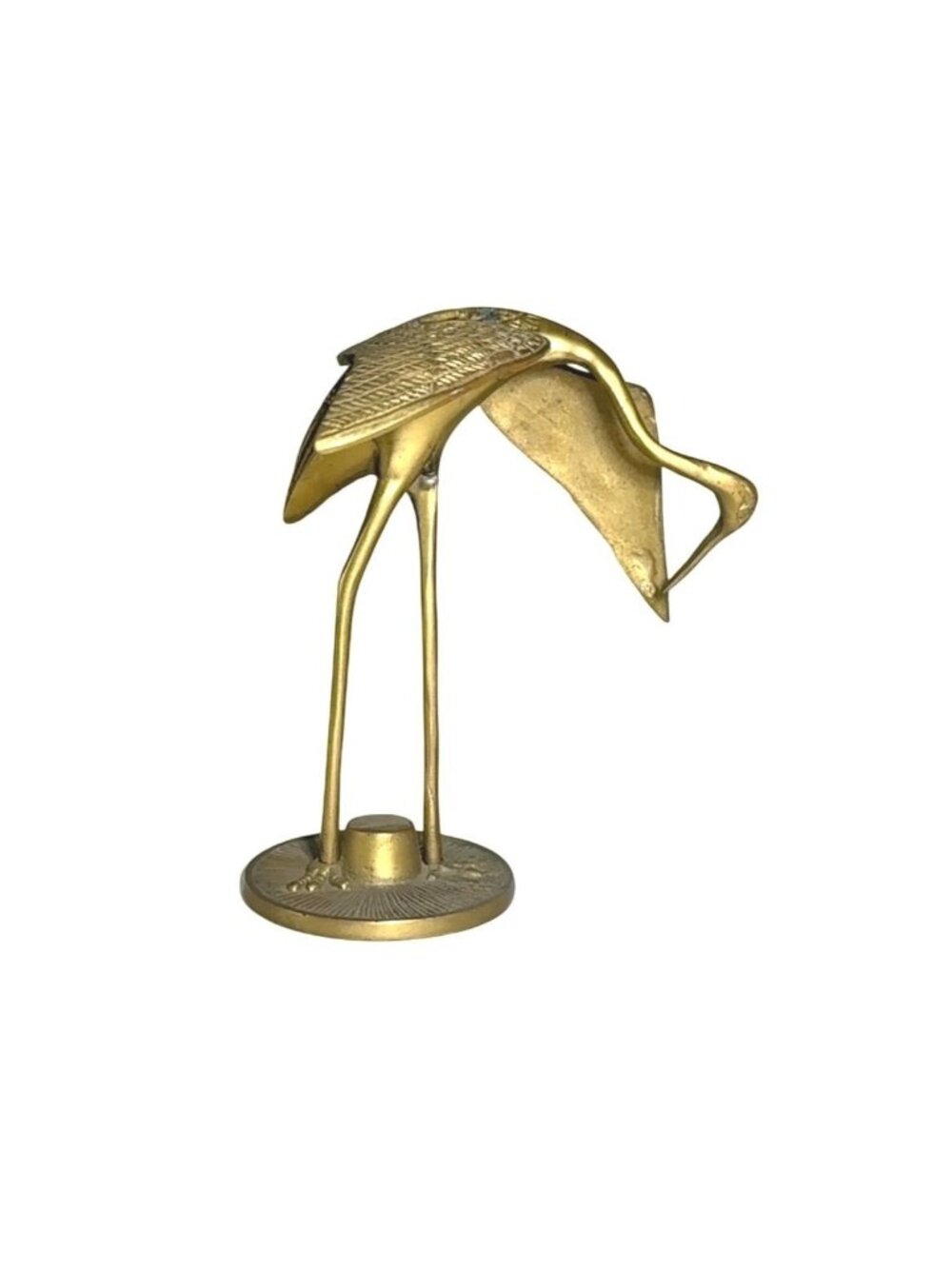 Vintage Brass Crane Bird Sculpture Textured Details Mid-Century Modern Decor